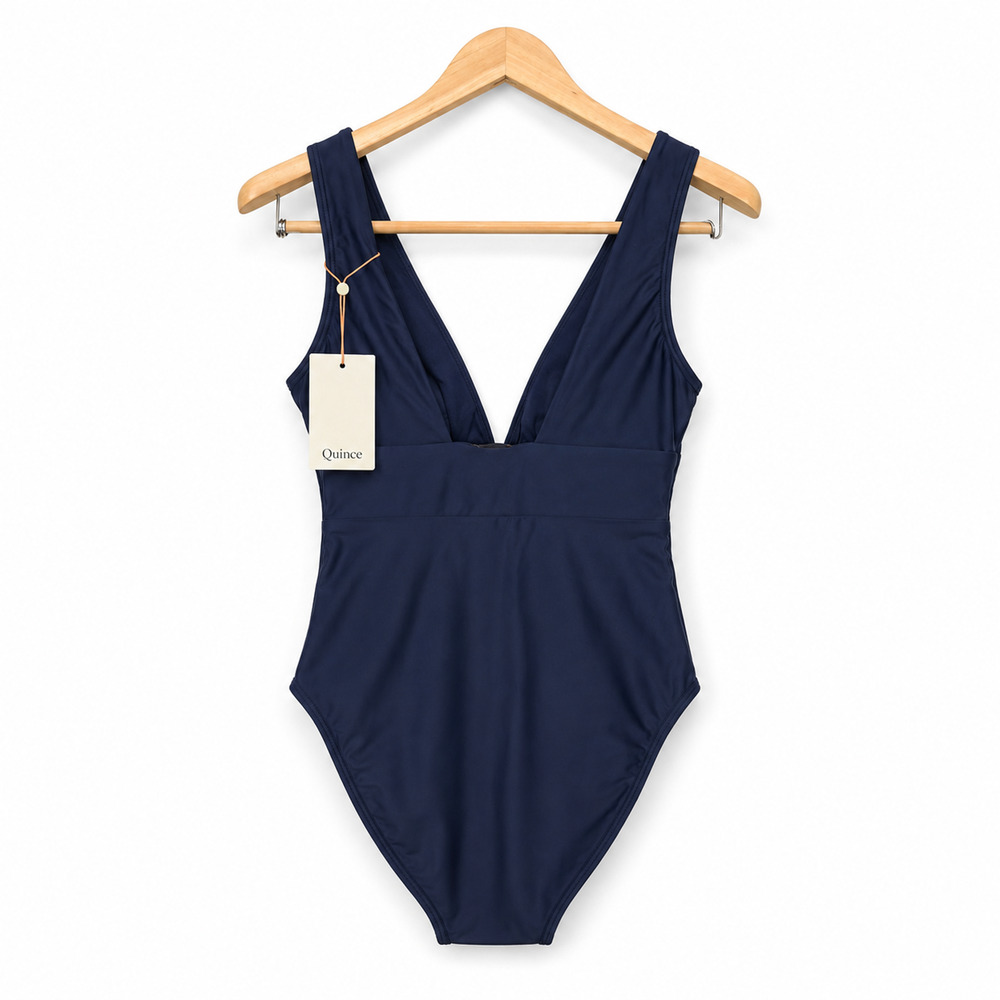 Quince Italian Plunge One Piece Swimsuit Women XL Deep Navy Blue Luxury NWT - Picture 2 of 8